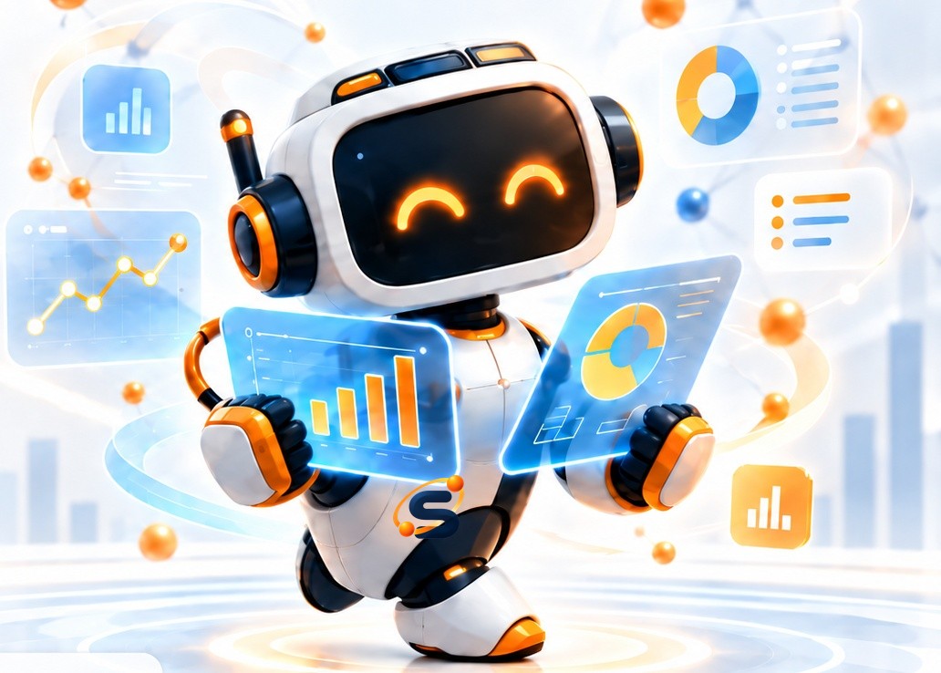 Atlas, the SUITE analytics robot, holding glowing bar chart and pie chart tablets