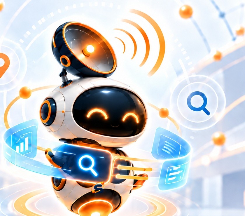 Beacon, the SUITE visibility intelligence robot, with a signal dish on its head and a glowing search panel