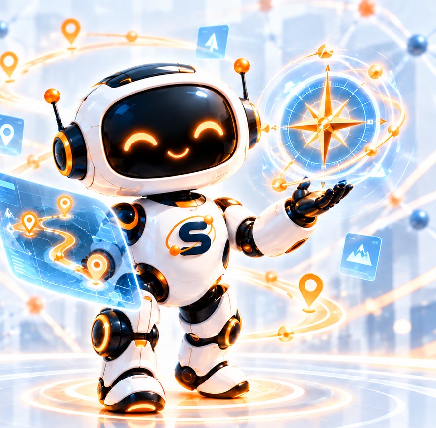 Compass, the SUITE strategy robot, holding a route map tablet and a glowing compass