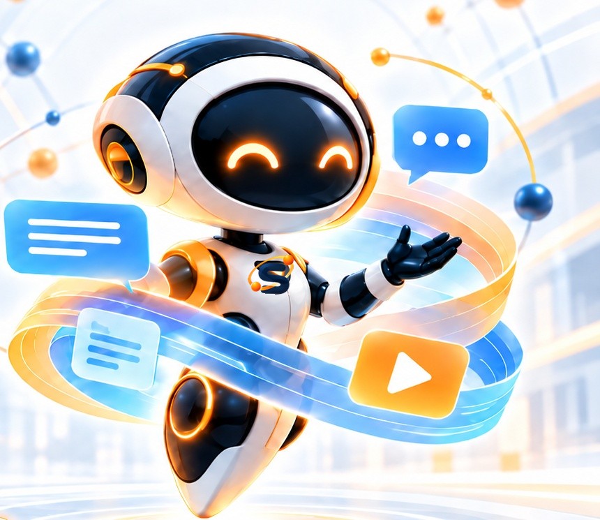 Echo, the SUITE content robot, surrounded by a flowing ribbon of message and video cards