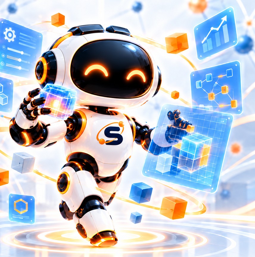 Forge, the SUITE web and technical robot, building with glowing blocks and system panels