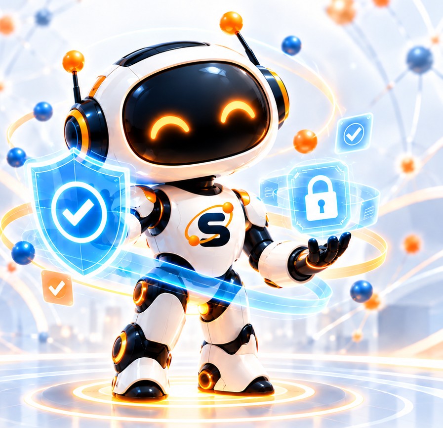 Guardian, the SUITE quality and trust robot, holding a shield with a check mark and a padlock