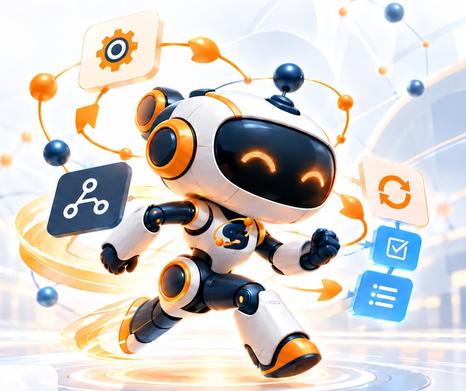 Relay, the SUITE automation robot, running between workflow, task and sync icons