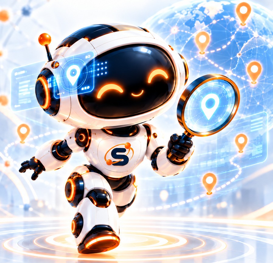 Scout, the SUITE research robot, walking forward with a magnifying glass and location pins