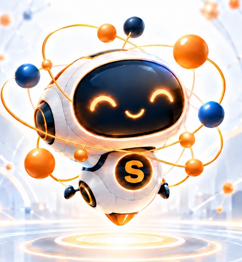 Ubi, the SUITE central intelligence robot, smiling inside orbiting orange and navy spheres with the S logo on its chest